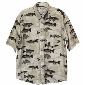 Columbia Sportswear XL Fish Print Button Down Shirt Cotton Fishing Outdoor